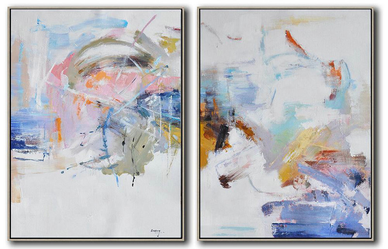 Large Abstract Art Handmade Painting,Set Of 2 Abstract Oil Painting On Canvas,Abstract Art Decor,Contemporary Painting White,Grey,Pink,Blue,Yellow